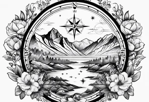 Compass mountains flowers tattoo idea