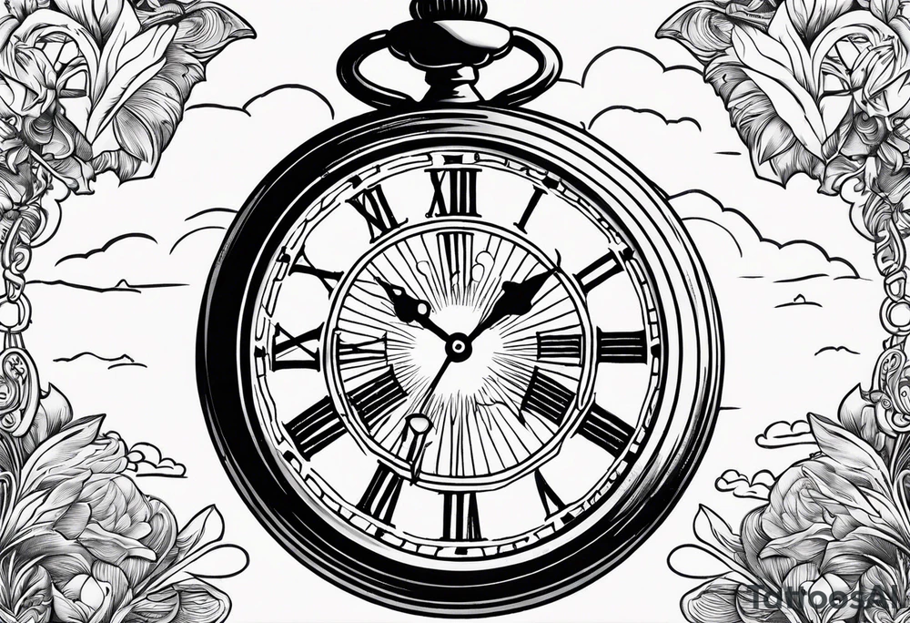 pocket watch with sunset background tattoo idea