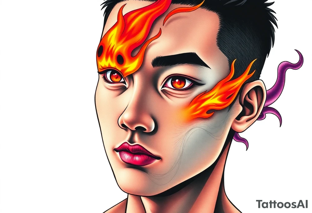 Handsome Asian young guy with a flame eyes tattoo idea
