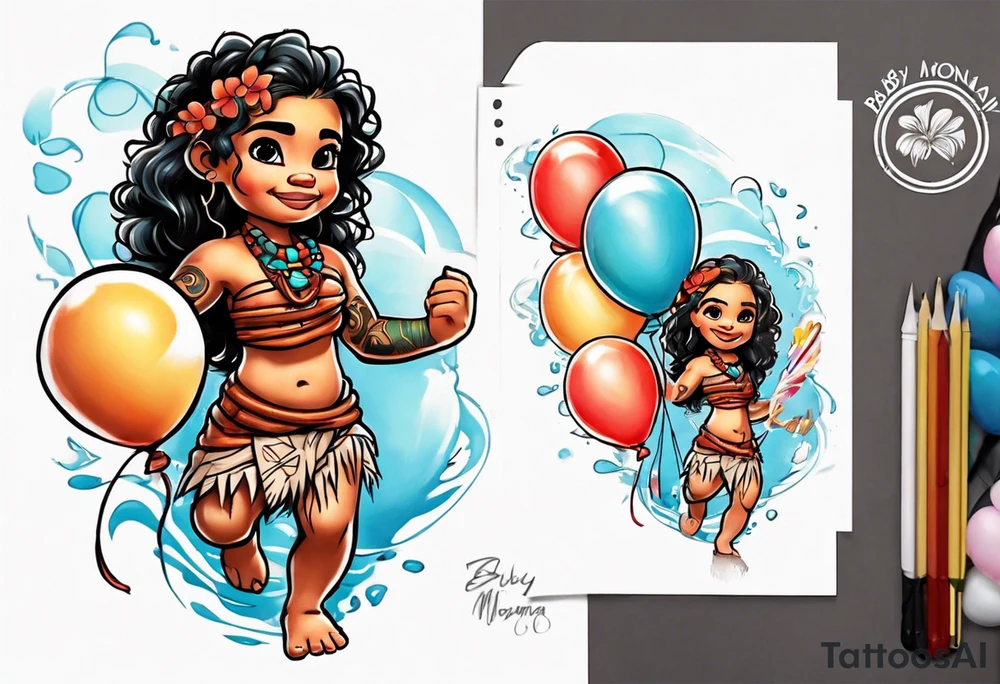 baby moana holding balloons tattoo idea
