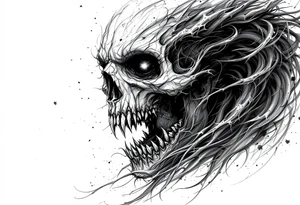 Create a horror themed sleeve tattoo in a realism style black and grey. tattoo idea