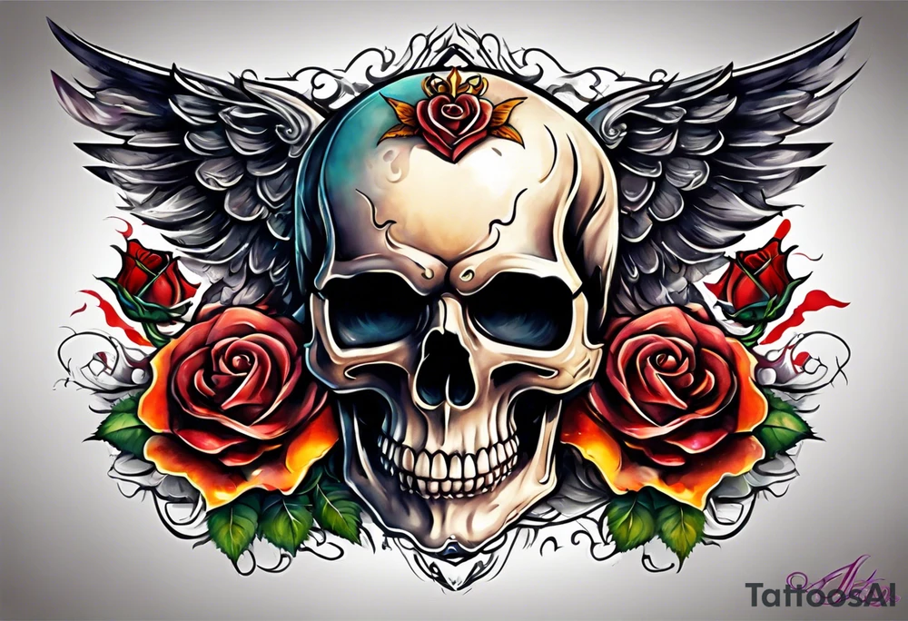 skull with a gun a  rose and dominated by a  heart with wings and  flames coming out of the top of it tattoo idea