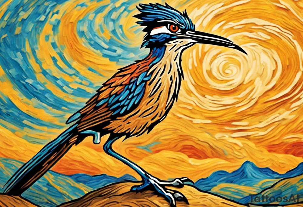 Design a captivating small tattoo featuring a roadrunner, inspired by Vincent van Gogh's artistic style. Infuse the essence of Van Gogh's bold brushstrokes, dynamic color palette, and swirling motion into the depiction of the roadrunner. Consider placing the roadrunner in a scenic setting reminiscent of Van Gogh's landscapes, perhaps with a stylized desert background or under a starry night sky. Ensure that the tattoo is tailored to the curvature of the leg, allowing for an artful and seamless integration. Emphasize the fluidity of Van Gogh's style to create a visually striking and timeless tattoo that captures the spirit of both the iconic artist and the charismatic roadrunner. tattoo idea