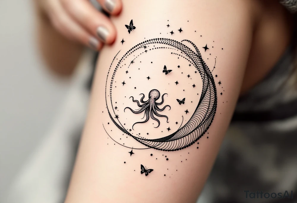 A minimalist dotwork tattoo design in the shape of a spiral galaxy. In the center, a small octopus is subtly integrated into the swirl, with flowing tentacles that extend along the spiral arms. The tentacles transform into elegant, curving lines resembling the flowing tails of koi or betta fish, partially in black ink and partially in fine red lines. Small stars are scattered throughout the galaxy shape, and two delicate butterflies hover near the edges. Style: cosmic abstraction, dotwork, fine line, with elements of Japanese graphic tattoo flow, minimalist octopus psychedelic dotwork sacred geometry sleeve tattoo idea