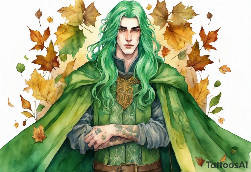 A tall, beautiful 19 year old man with autumn leaves in his long green hair, green skin. Wearing a golden medieval cloak covered with flowers. tattoo idea