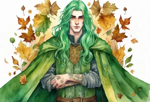 A tall, beautiful 19 year old man with autumn leaves in his long green hair, green skin. Wearing a golden medieval cloak covered with flowers. tattoo idea