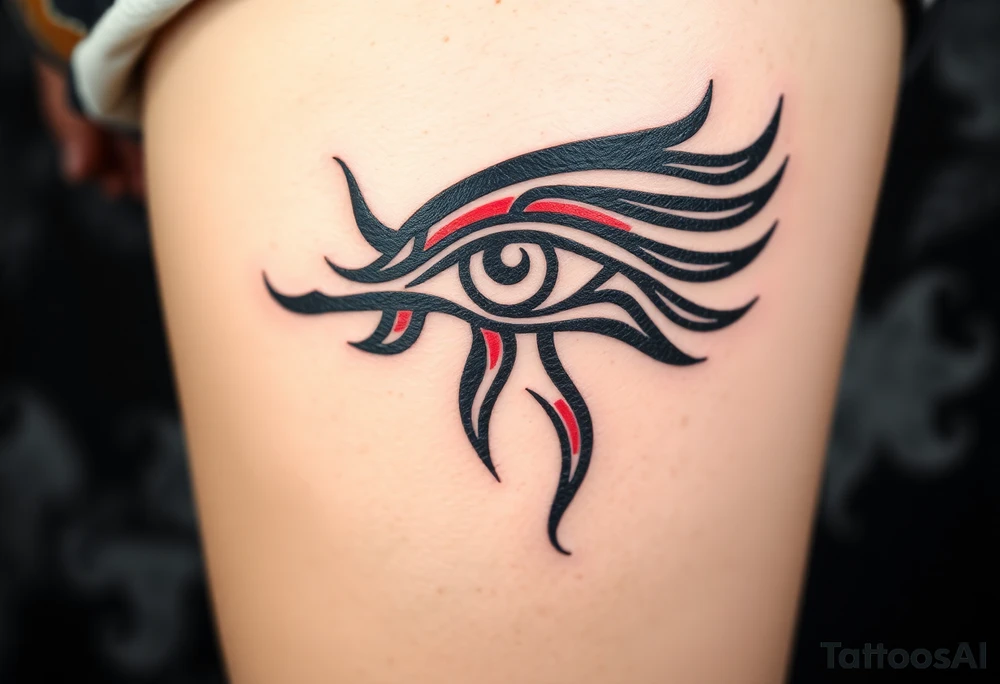A tribal-style Eye of Horus, with bold black ink and subtle red highlights, inspired by ancient warrior markings tattoo idea