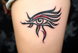 A tribal-style Eye of Horus, with bold black ink and subtle red highlights, inspired by ancient warrior markings tattoo idea