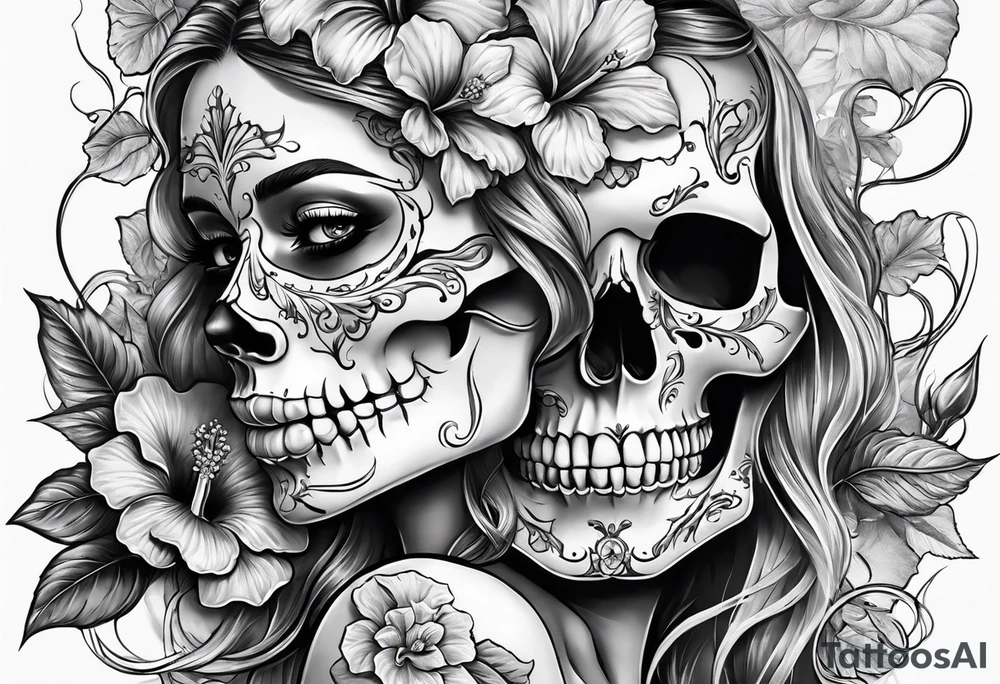 a full body female skeleton with hibiscus flower. tattoo idea
