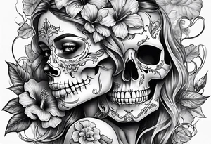 a full body female skeleton with hibiscus flower. tattoo idea
