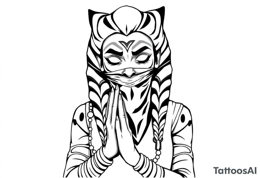 Ahsoka praying with rosary in hands and bandana over mouth tattoo idea