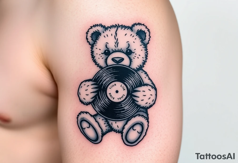 teddy bear holding a vinyl record tattoo idea
