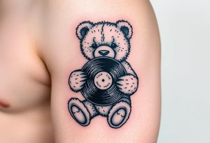 teddy bear holding a vinyl record tattoo idea