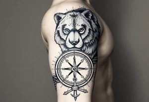 portions wolf, bear, lion, faces; surrounded by a broken old school compass with a rope and anchor on the bottom tattoo idea