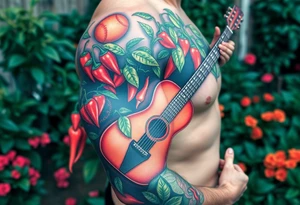 Super hot pepper plants, hot sauce, baseball, acoustic guitar, trumpet, with a gardening background tattoo idea