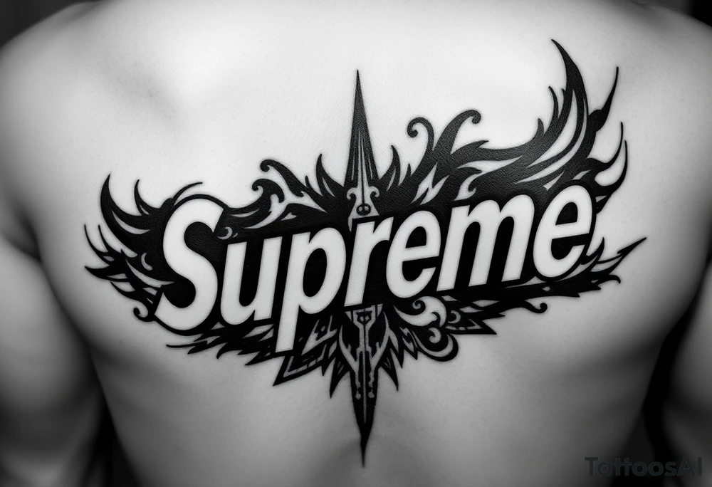 The Supreme high Brand logo I want it to be a reverse tramp stamp or it kind of above my bladder. It is a cover-up so I need to be dark and also filled in and the there could be no skin space colors OK but I have a huge  bad tat ther eso Itshould be pretty big. tattoo idea