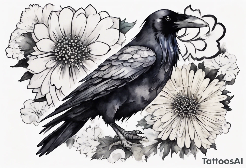 a raven wearing a white chrysanthemum hat tattoo idea