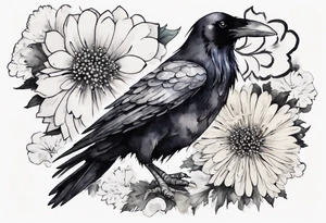 a raven wearing a white chrysanthemum hat tattoo idea