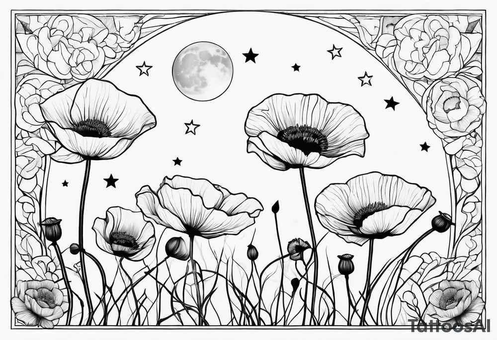 outline, fine line, stars, moon, poppy, vertical, spine tattoo idea