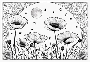 outline, fine line, stars, moon, poppy, vertical, spine tattoo idea