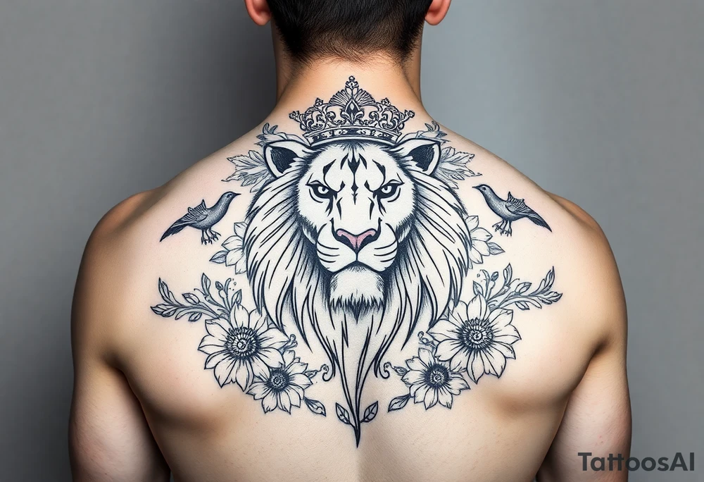 powerful majestic lion with a crown, surrounded by floral ornaments and birds tattoo idea