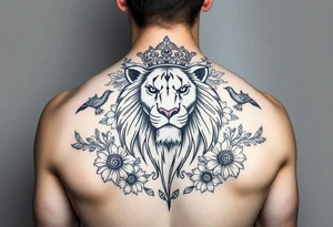 powerful majestic lion with a crown, surrounded by floral ornaments and birds tattoo idea