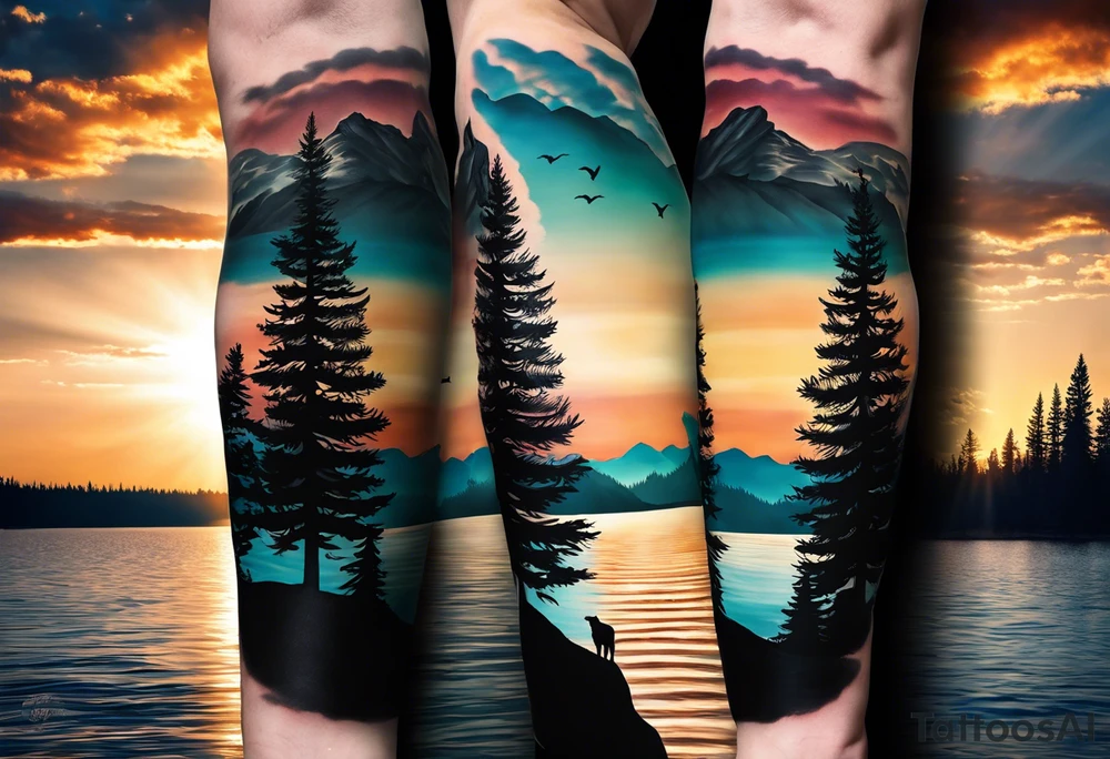Sleeve tattoo windswept pine tree before lake with low hills on far side of lake. Mastiff silhouette in the foreground. with a dock coming out from the shore. Canadian shield. 
Include the words: "If the sun refused to shine
I would still be loving you
When mountains crumble to the sea
There will still be you and me" tattoo idea