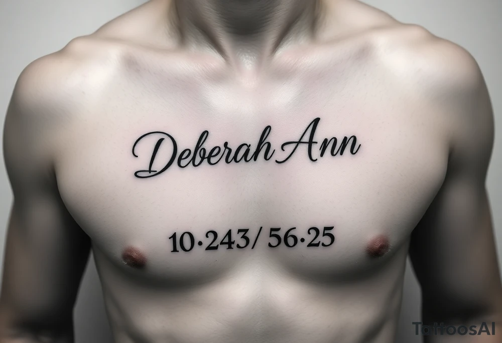 Deborah Ann in cursive in chest with 10/23/56-25 on the bottom but in Roman numerals tattoo idea