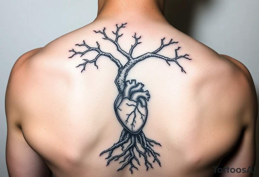 DNA tree trunk with roots and anatomical heart inside the roots tattoo idea