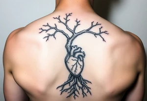 DNA tree trunk with roots and anatomical heart inside the roots tattoo idea