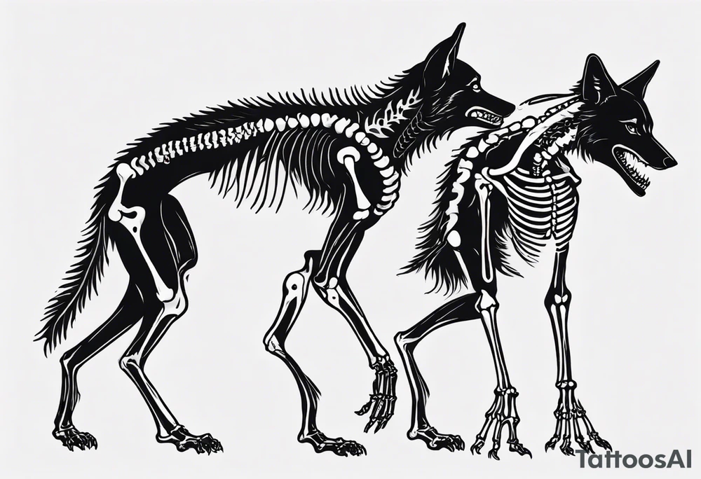 two wolf skeletons dancing with bone tails tattoo idea