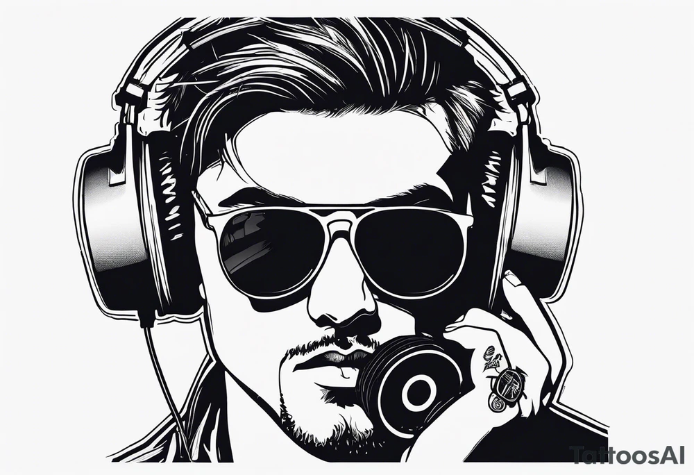 Outline sketch of me with round sunglasses and listening to a tape cassette tattoo idea