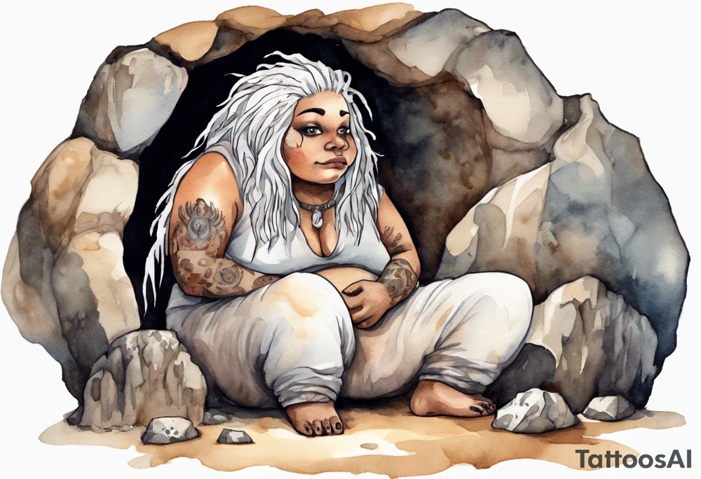 a solitary fat mole woman with large round eyes, covered in white fur with  brown dreadlocks sitting in stone throne in a cave tattoo idea