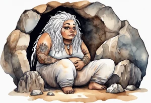 a solitary fat mole woman with large round eyes, covered in white fur with  brown dreadlocks sitting in stone throne in a cave tattoo idea