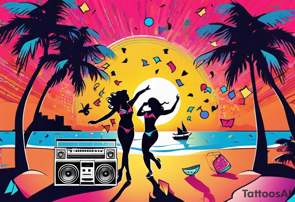 1980's miami vice style beach dance 
party, include confetti, music notes, boom box, SILHOUETTE bikinis sunset in the center tattoo idea
