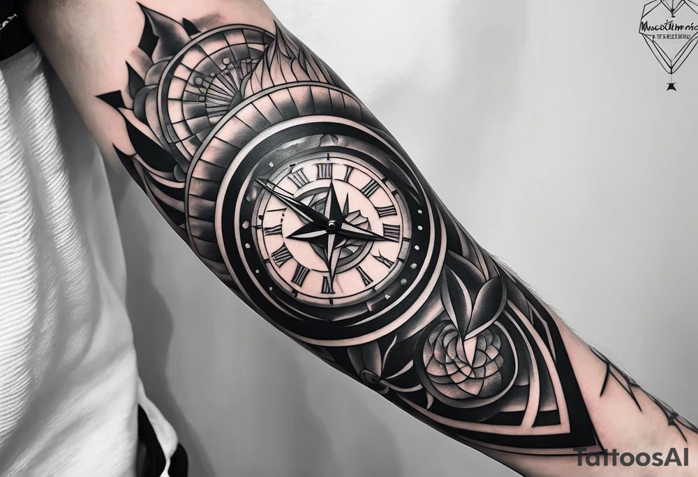 From left shoulder to forearm sleeve tattoo. Fine line geometric, concept design tattoo, ocean thunder fire , geometric and surrounds a previous tattoo of a watch on the tricep to biscep, include a chain at the top of the shoulder connected to the collar bone tattoo idea