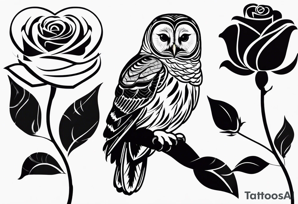 Barred owl and a rose with writing “but the greatest of these is love” tattoo idea