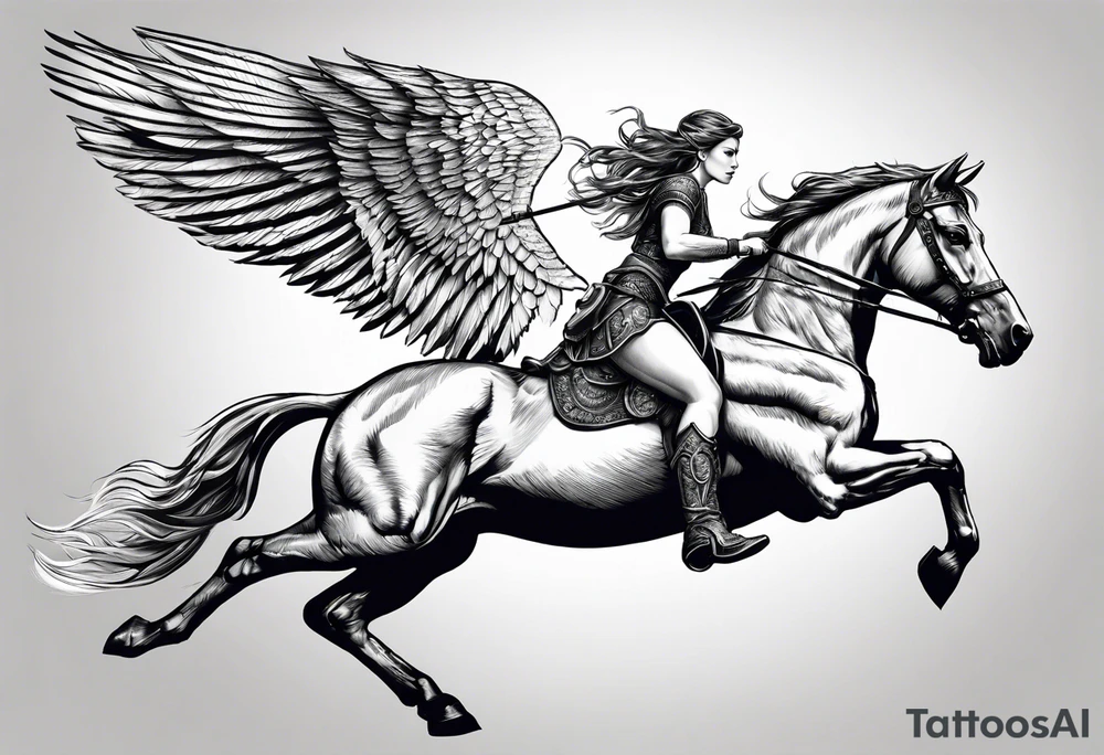 Valkyrie on winged Pegasus, flight, holding spear tattoo idea Valkyrie on winged Pegasus, flight, holding spear tattoo idea
