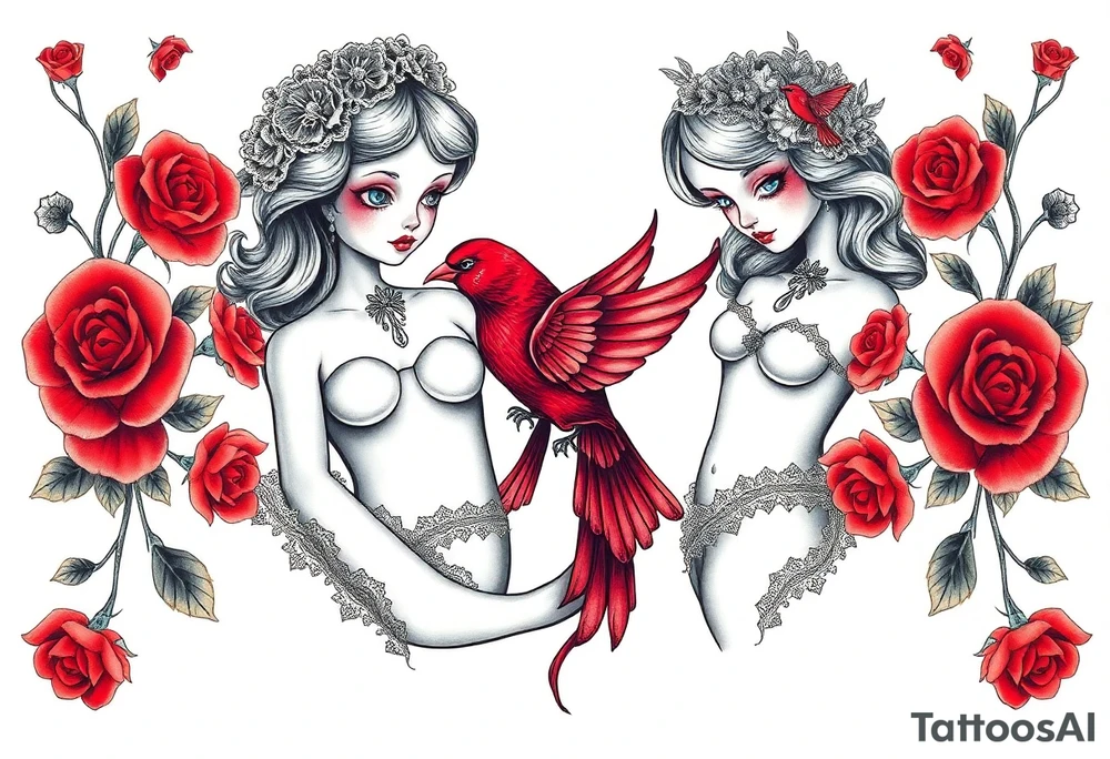 Vintage dollies, red roses, lace, red bird, vintage, wrap around, tighter together, no space open tattoo idea