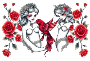 Vintage dollies, red roses, lace, red bird, vintage, wrap around, tighter together, no space open tattoo idea