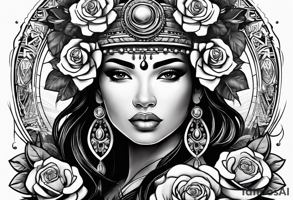 Mayan princess with roses & desert tattoo idea