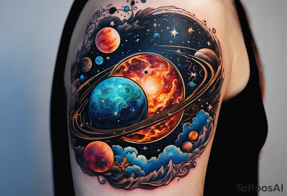 A tattoo featuring a cosmic scene with planets, black holes, and supernovae intertwined with intricate linguistic symbols, reflecting the client's interests in cosmology and linguistics. tattoo idea