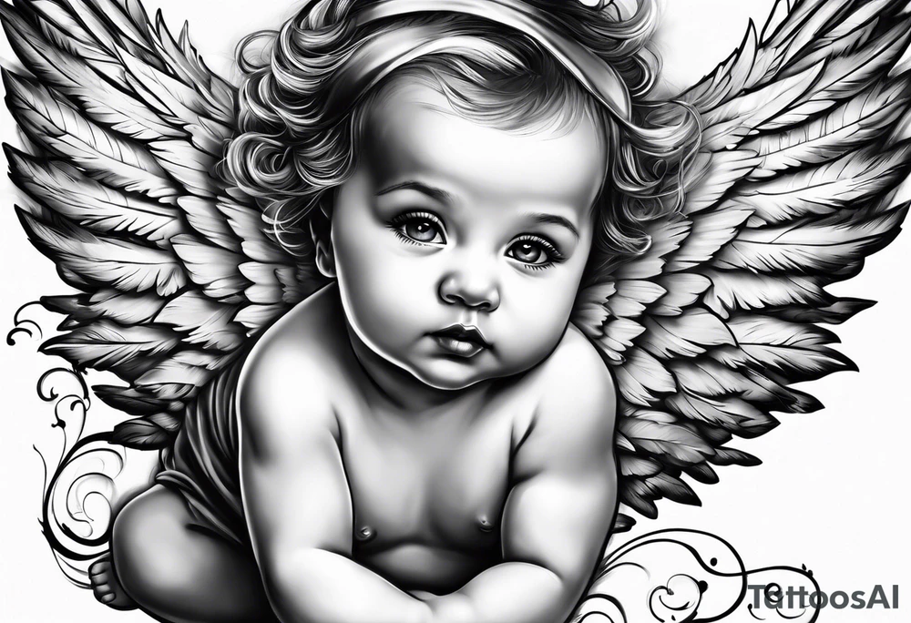 Baby Angel flying with name Leah tattoo idea