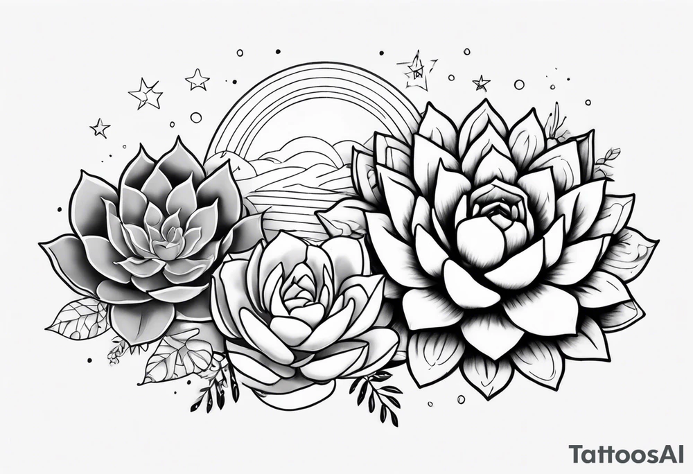 fine line with sun, stars, floral, dots, three succulents
. Sternum tattoo grey scale shading tattoo idea