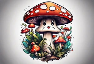 Happy anthropomorphic mushroom tattoo idea