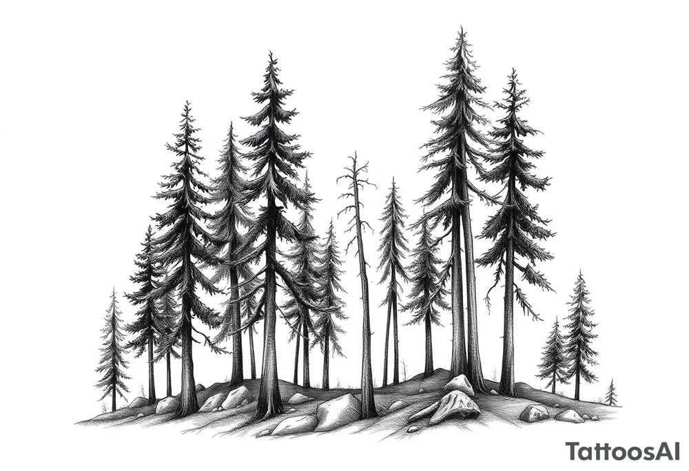 Needle forest with black and gray trees tattoo idea