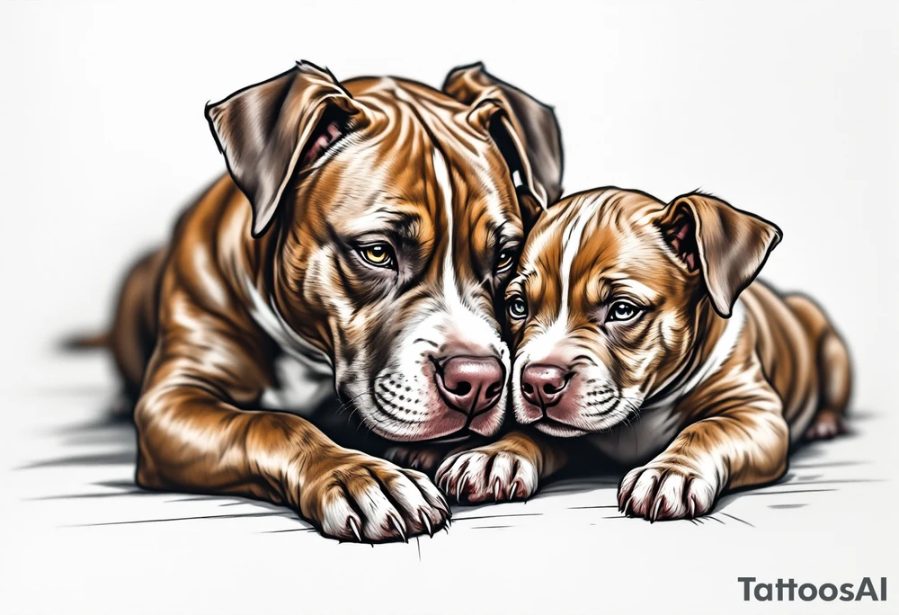 Pitbull mom and pup cuddling, warm brown tones with soft blending, delicate linework around eyes and noses for emotion. tattoo idea