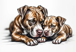Pitbull mom and pup cuddling, warm brown tones with soft blending, delicate linework around eyes and noses for emotion. tattoo idea