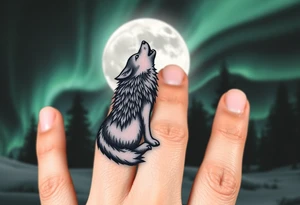lone wolf howling at full moon with northern lights backdrop tattoo idea