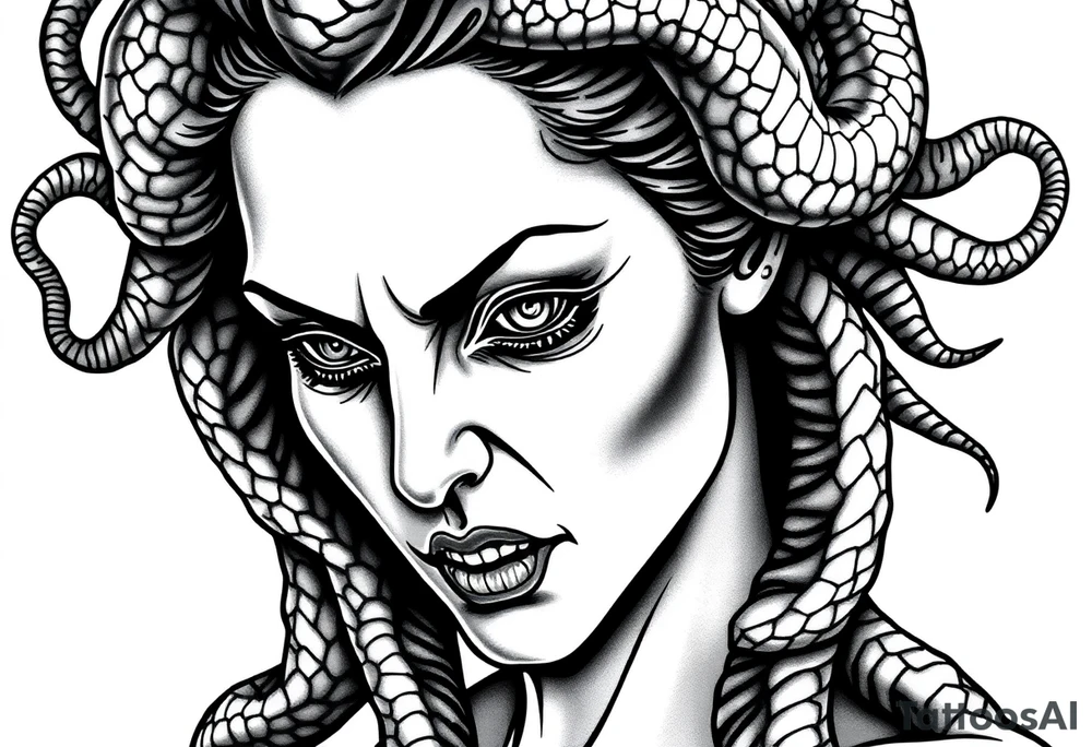 Scary Greek female god medusa with snake hairs tattoo idea